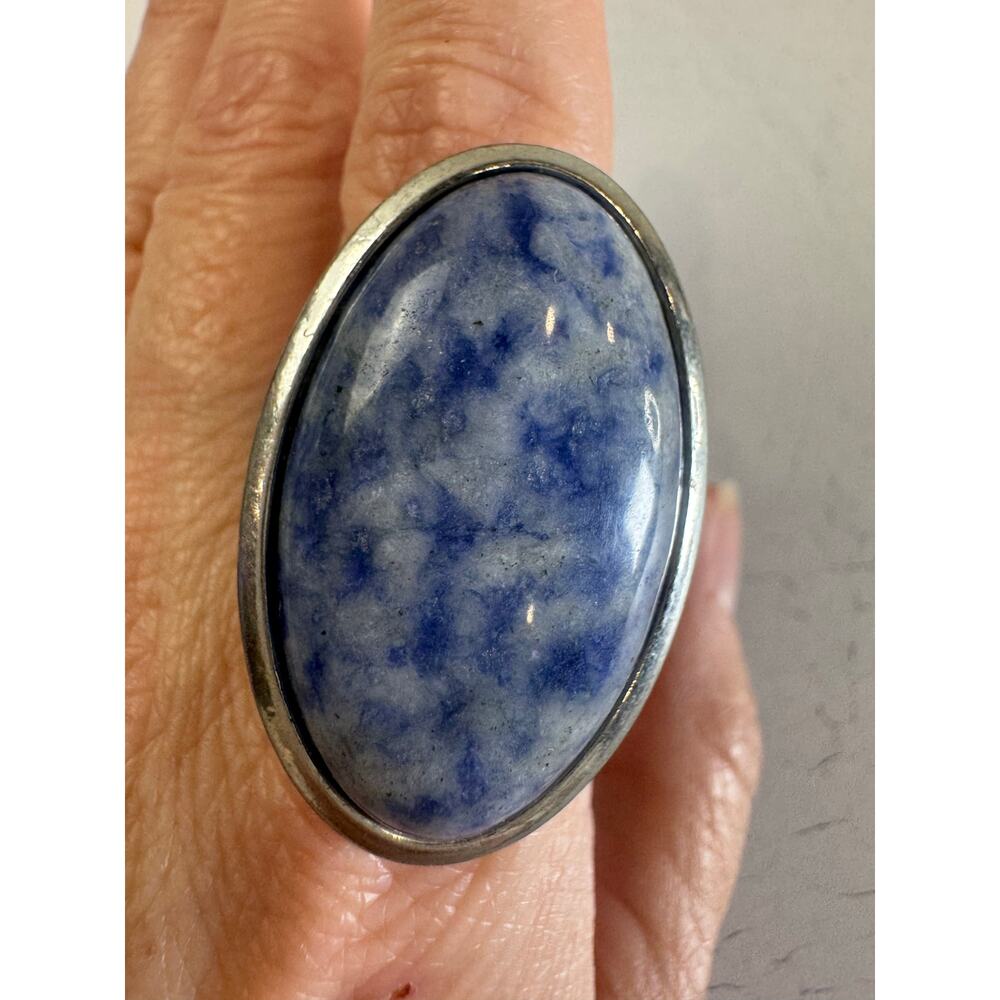 Bold Blue Oval Stone Statement Ring 10 Silver Ton… - image 3
